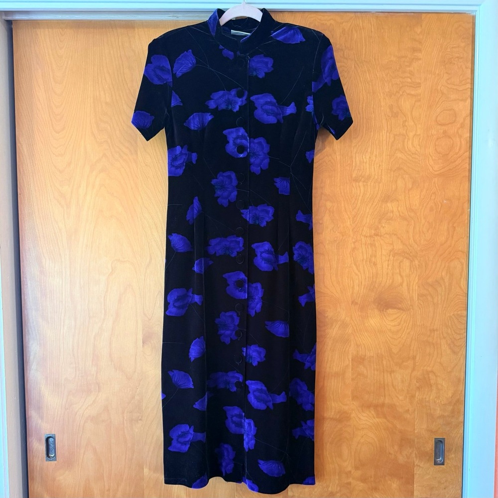 Vintage Velvet Lord & Taylor Floral Romantic Goth Button Down Dress Size 4P Midi